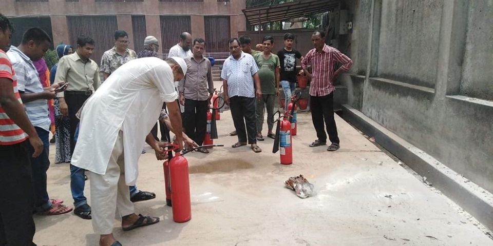 Fire-fighting re-hearsal held today at satarkul campus for teachers, students, officers & mlss. The company will get them back by refilling.