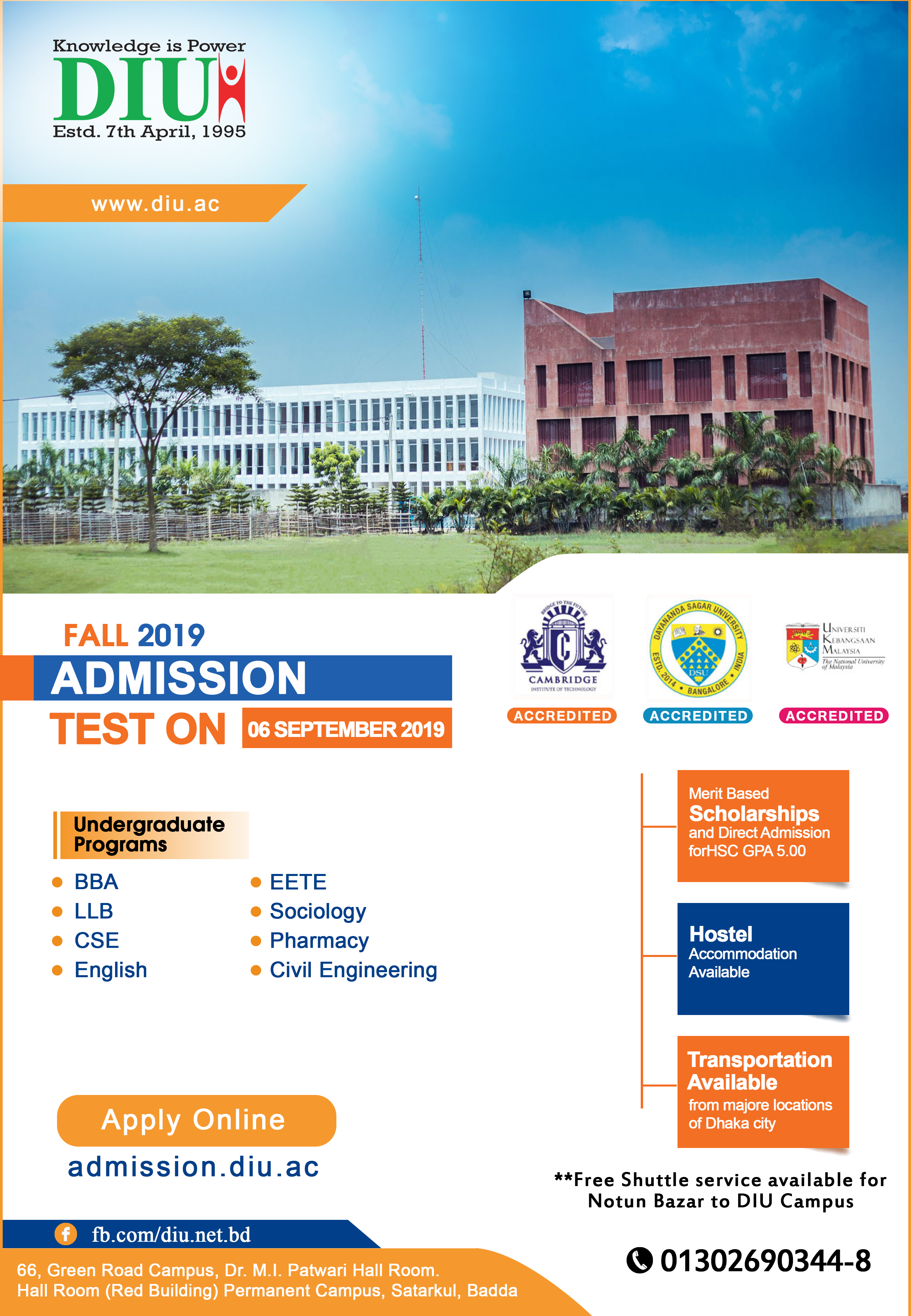 Admission Test: 06 September 2019