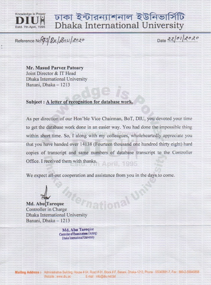 A Letter Of Recognition of database work. 